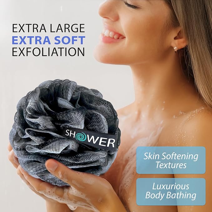 SHOWER BOUQUET Loofah-Charcoal Bath-Sponge-4-Pack // Extra-Large 75g Soft Mesh - Image 2