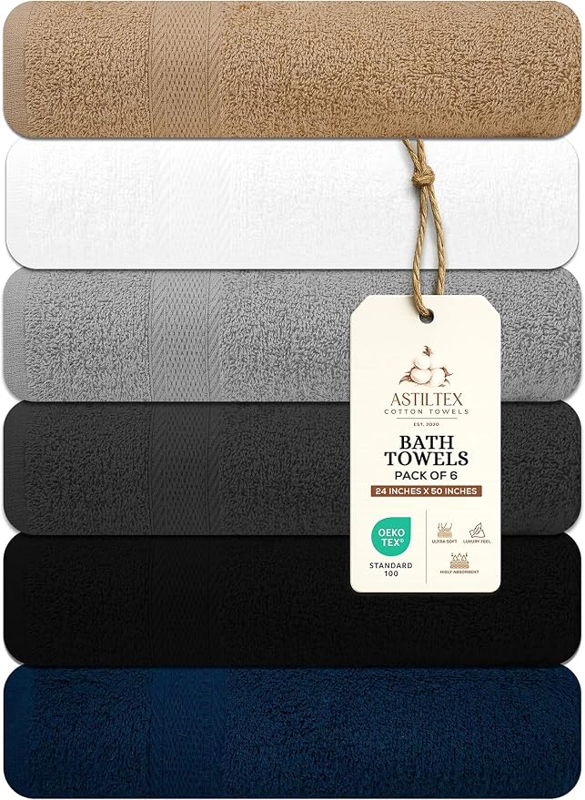 Large Bath Towels Pack of 6 – 24" x 50", 100% Cotton Terry – Soft, Quick-Dry & by ASTILTEXCottonTowels