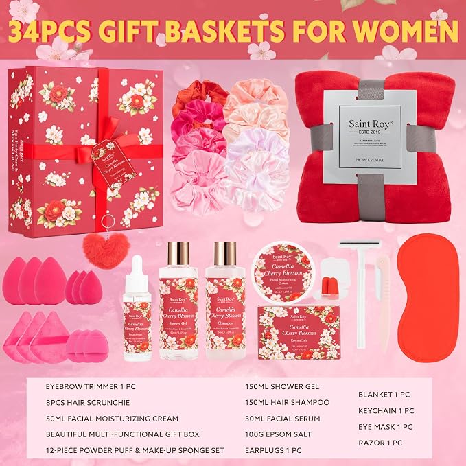 35 Pcs Valentines Day Gift for Women, Cherry Blossom Rose Bath and Body Basket - Image 2