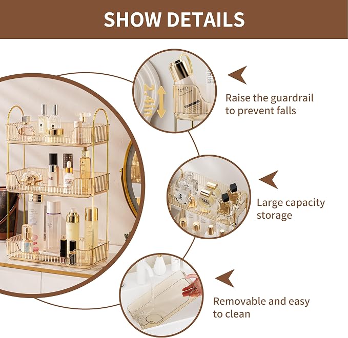 Akinbas 3 Tier Bathroom Organizer Countertop Makeup Perfume Tray Skincare - Image 5