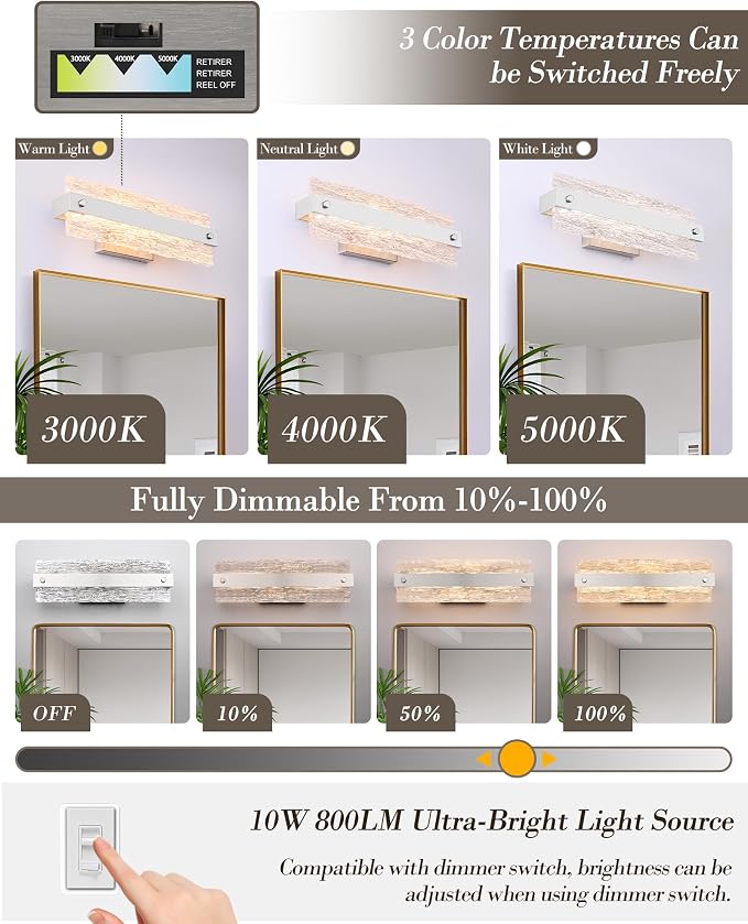 Brushed Nickel Bathroom Vanity Light, 16.5 Inch 10W Dimmable LED Bathroom Light - Image 3