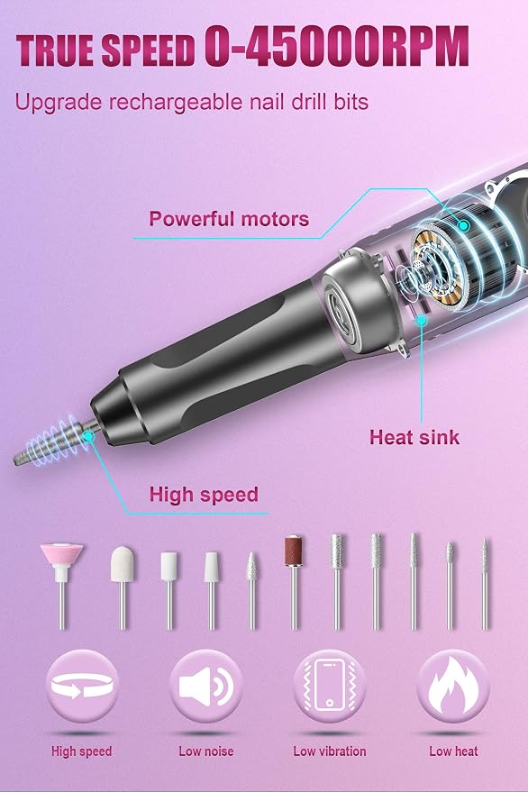 Electric Nail Drill 45000RPM Cordless Portable Rechargeable Nail Drill Kits - Image 5