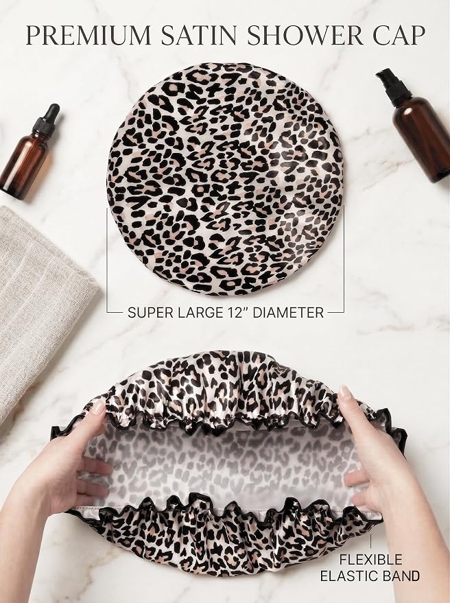 Aquior Shower Cap, Reusable Waterproof Leopard Print Hair Cap, Dual Layer Large - Image 3