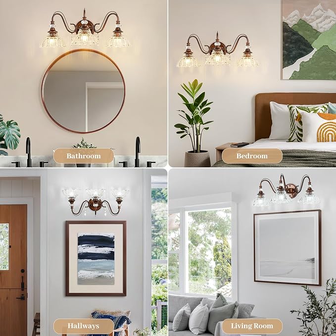 Vintage Bathroom Vanity Light, 3-Light Matte Antique Red Bronze Finish Wall - Image 5