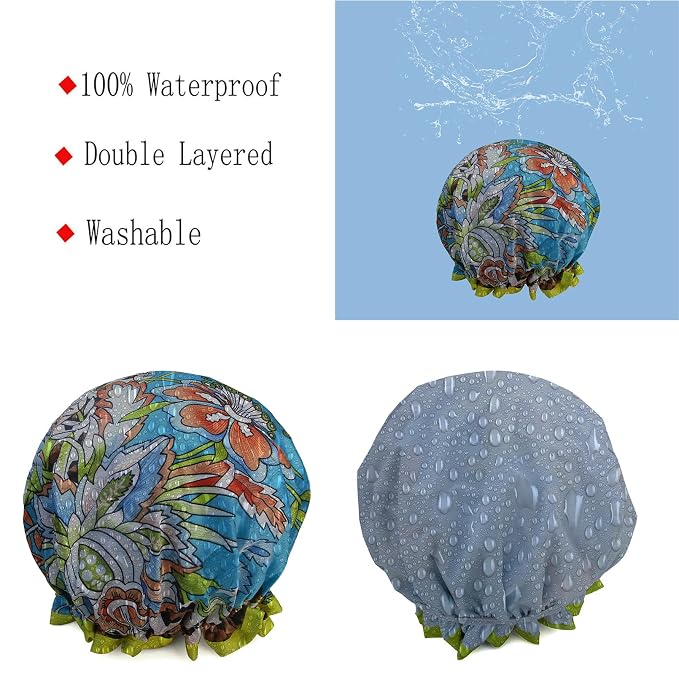 Shower Cap for Women Reusable Waterproof Shower Hat Adjustable Double Layer - Image 2