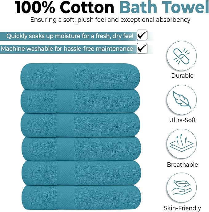 KAHAF COLLECTION 6 Pack Bath Towels Set 100% Ring Spun Cotton, Lightweight - Image 2