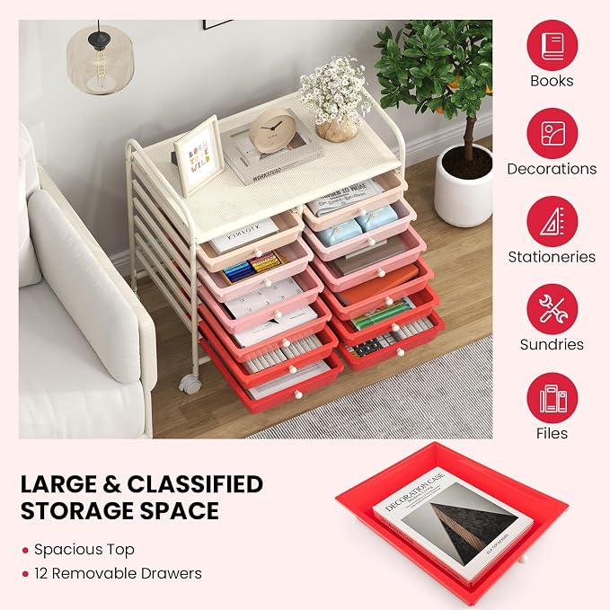 Giantex 12 Drawers Rolling Cart, Mobile Storage Drawer Cart, Classroom - Image 7
