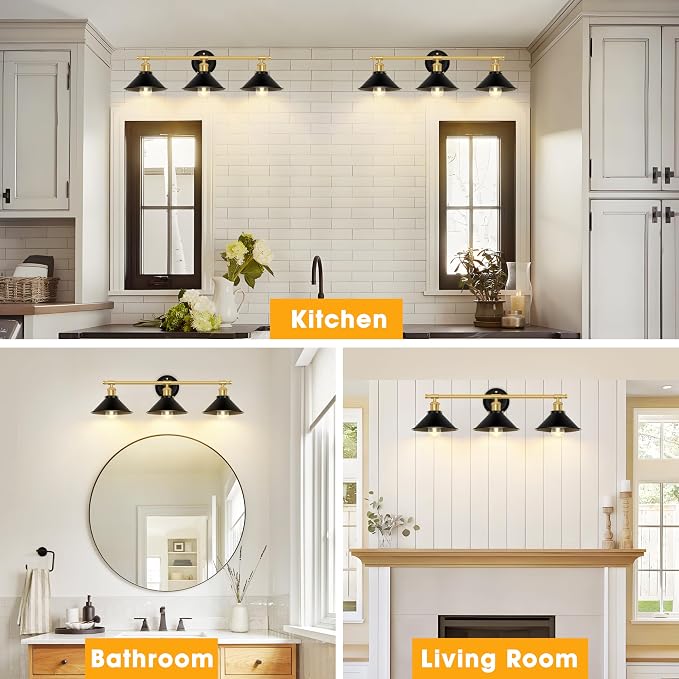 Licperron 3-Light Black and Gold Bathroom Lighting Fixtures, Farmhouse Vanity - Image 7