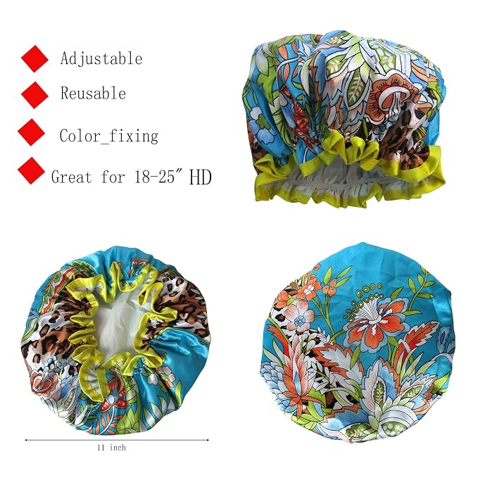 Shower Cap for Women Reusable Waterproof Shower Hat Adjustable Double Layer - Image 3