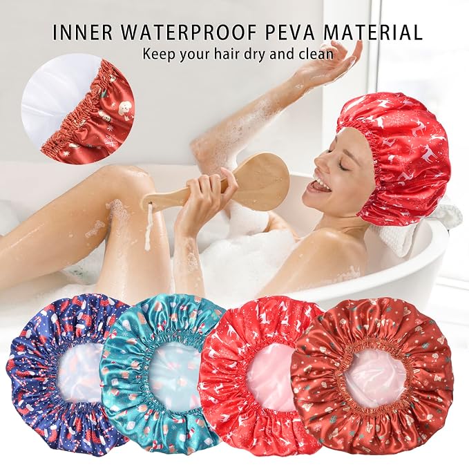 4 PCS Shower Cap for Women, Elastic and Reusable Bath Caps, Double Layers - Image 6