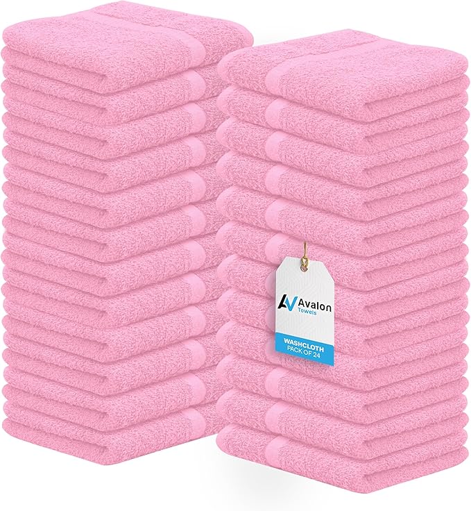 Avalon Towels Cotton Washcloths 24-Pack – 12 x 12 Inch Pink Super Soft & by AvalonTowels