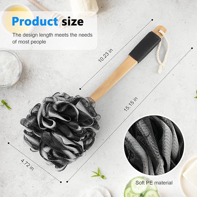 Black Loofah on a Stick PE Soft Mesh Luffa - Image 2
