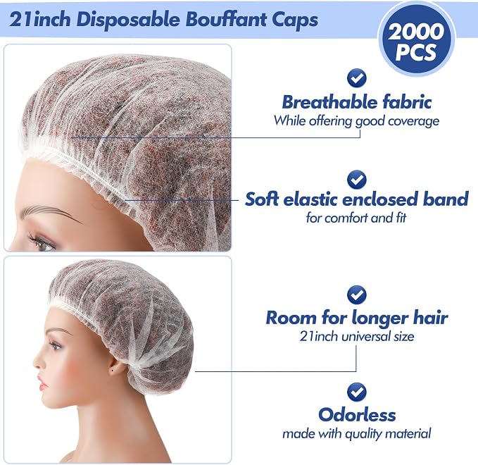 Yahenda 2000 Pcs Disposable Hair Nets Bulk 21 Inch Non Woven Bouffant Caps - Image 4
