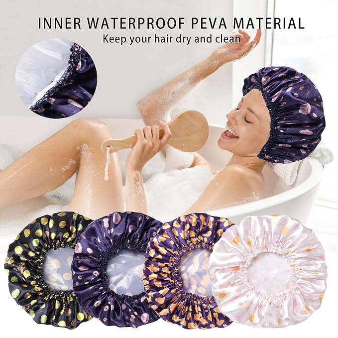 4 PCS Shower Cap for Women, Elastic and Reusable Bath Caps, Double Layers - Image 4
