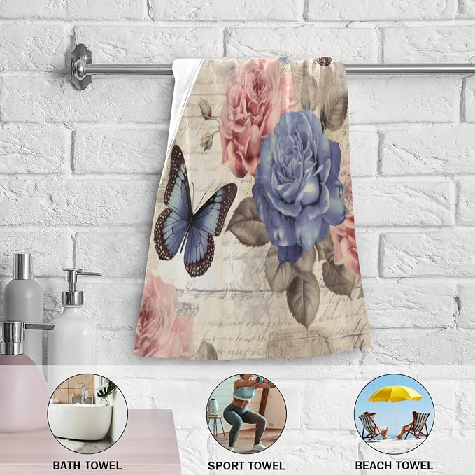 Vintage Pink Blue Rose Floral Butterfly Hand Towels - Image 5