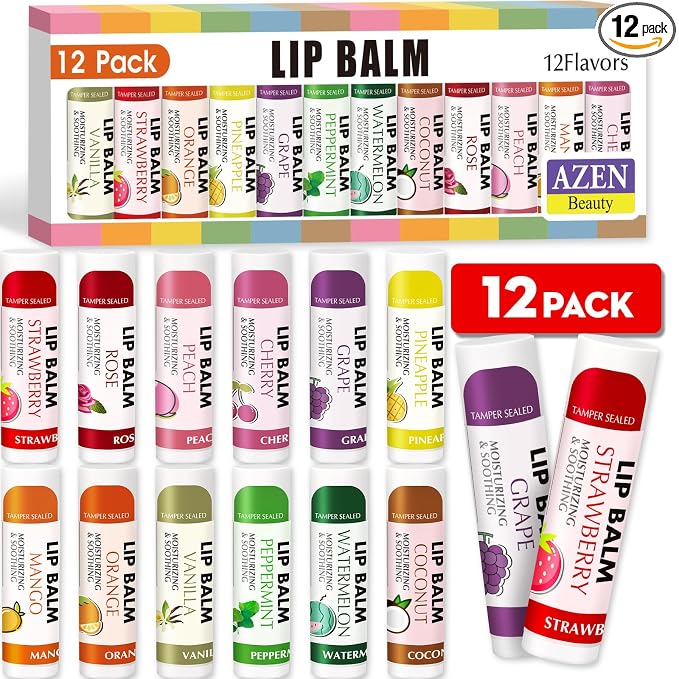 AZEN 12 Pack Lip Balm Bulk, Moisturizing Lip Balms by AZEN