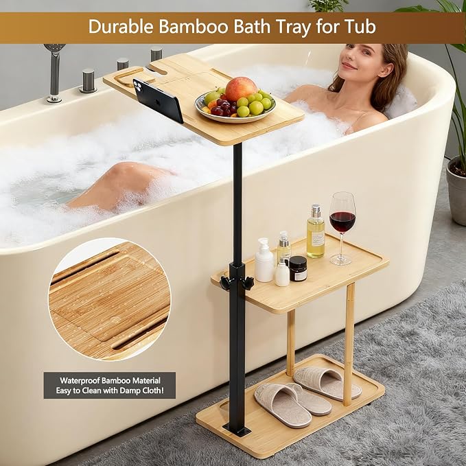 3 Layer Bathtub Tray Table, Bamboo Swivel Bathtub Side Table Height Adjustable - Image 2