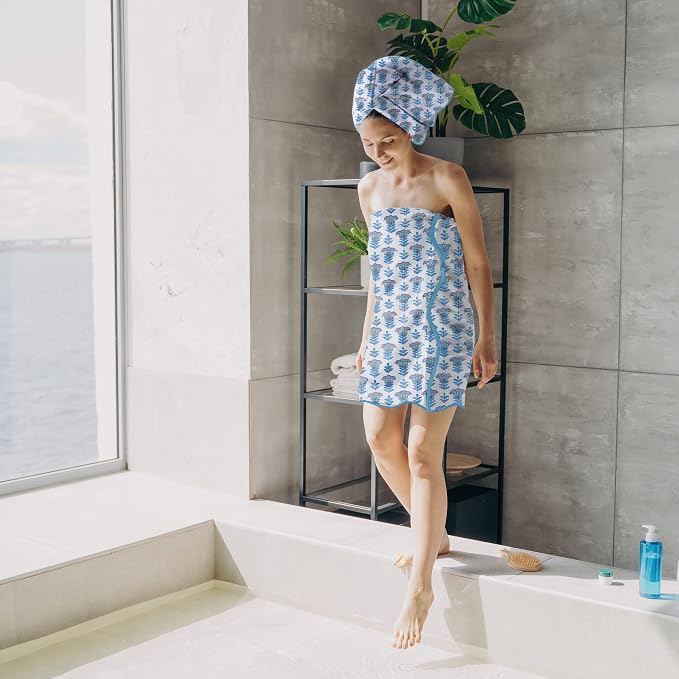 Ridhi Block Print Aquamarine Blue Cotton Spa Towel 27"x54" Set of 2 Handmade - Image 5