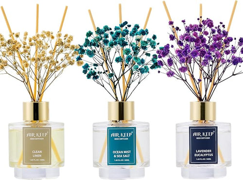 Airkeep Reed Diffuser Set of 3, Clean Linen Ocean Mist&Sea Salt Lavender by Airkeep