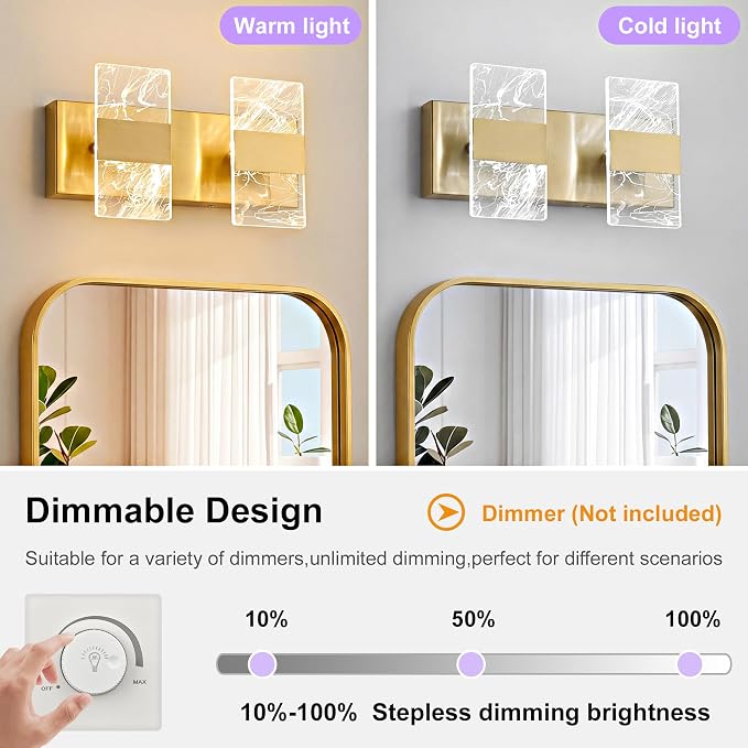 Modern LED Bathroom Light Fixtures Dimmable 2-Light Gold Vanity Light, 5CCT - Image 4