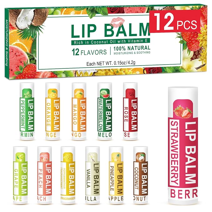 DMSKY 12 Pack Lip Balm, Natural Lip Balm Bulk by DMSKY