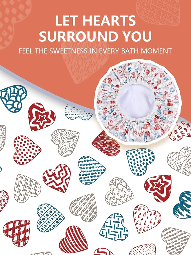 Years calm Terry Lined Shower Cap, Triple Layer Heart Motifs, Waterproof - Image 7