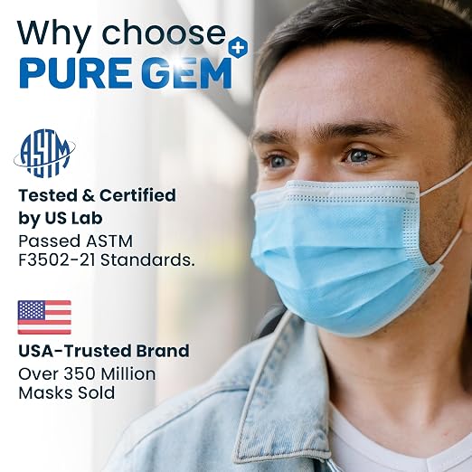 PURE GEM Single Use Disposable Blue Face Mask, Soft on Skin, 3-ply Masks Facial - Image 4