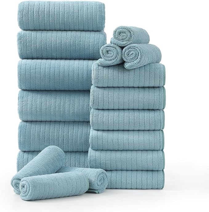 18 Piece Family Bath Towel Set Include 6 Bath Towels, 6 Hand Towels and 6 by Hailea