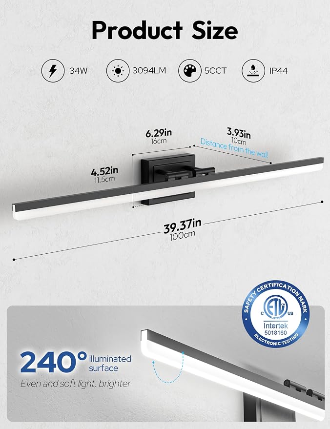 VOLISUN Modern Bathroom Vanity Light 39.4 inch, 34W Dimmable 5CCT Led Bathroom - Image 7