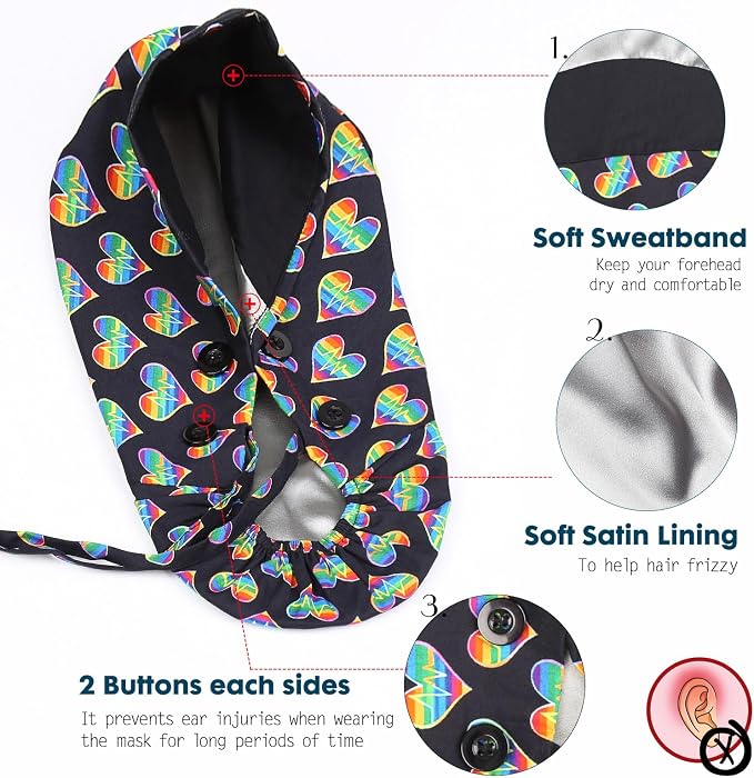 Satin Lined Scrub Caps with Buttons & Sweathand, Surgical Caps - Image 3