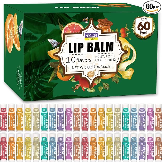 AZEN 60 Pack Lip Balm, Natural Lip Balm Bulk, Lip Care Product, Moisturizing by AZEN