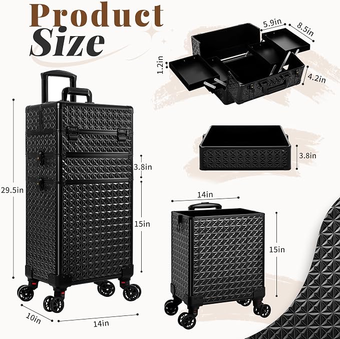 3 in 1 Rolling Makeup Train Case Professional Large Cosmetic Trolley - Image 2