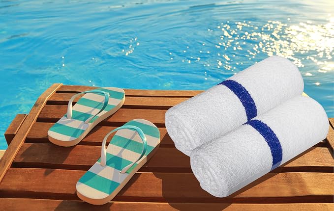Avalon Towels 100% Cotton Pool Towels White Beach Towels Blue Stripe Pack of 12 - Image 5