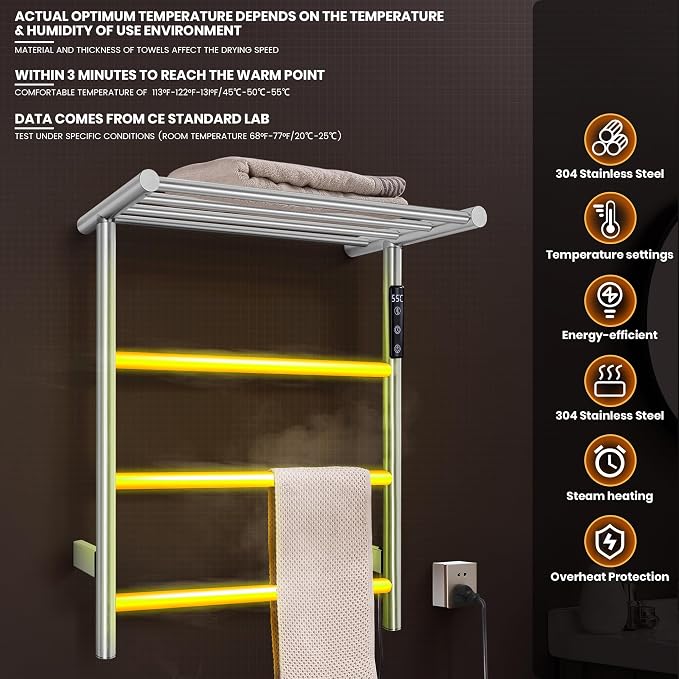 Towel Warmer Wall Mounted with 3 Electric Stainless Steel Heated Bars, Hot - Image 2