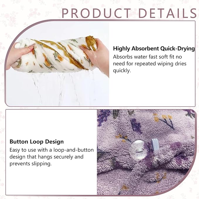 3 PCS Hair Towel Wrap Cute Pastel Floral Print Microfiber Fleece Hair Drying - Image 6