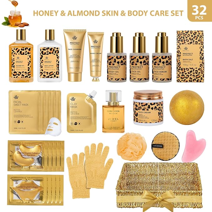 32 Pcs Mother's Day Gift for Mom, Honey & Almond Bath & Body Gift Basket for - Image 2
