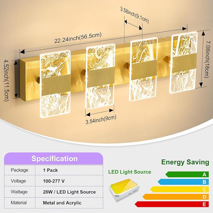 Modern LED Bathroom Light Fixtures Dimmable 4-Light Gold Vanity Light, 5CCT - Image 6