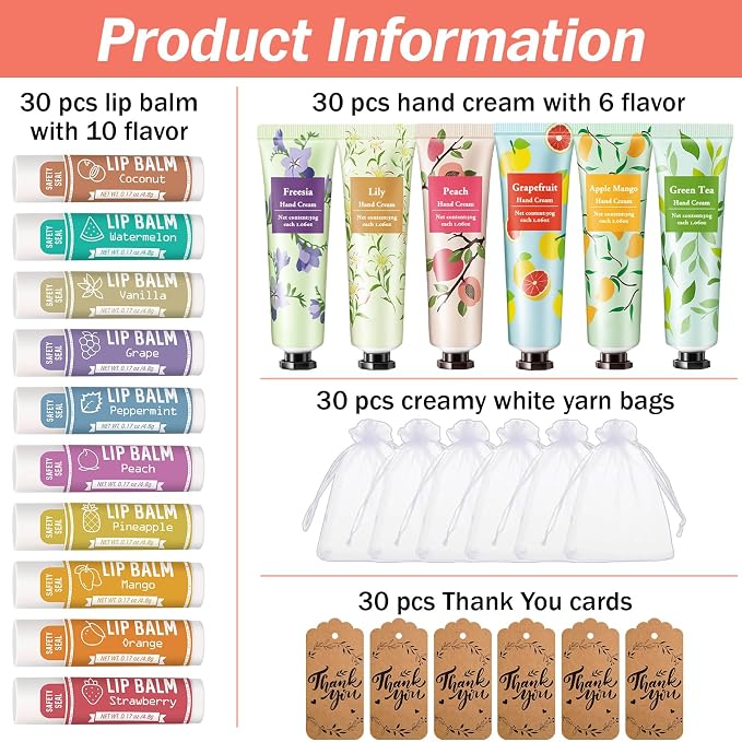 AZEN 30 Sets Bulk Gifts, Hand Cream and Lip Balm Bulk Set - Image 2