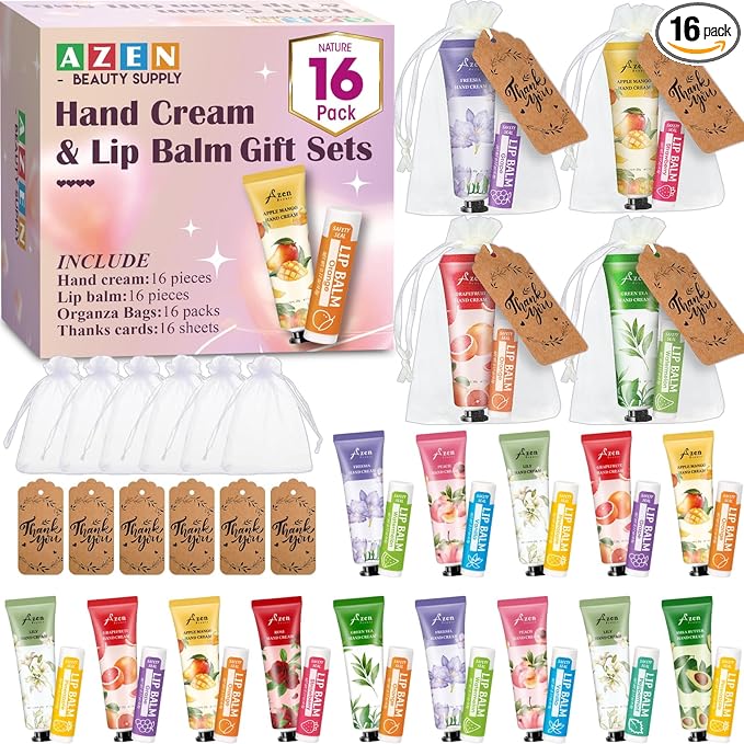 AZEN 16 Sets Bulk Gifts, Hand Cream and Lip Balm Bulk Set by AZEN