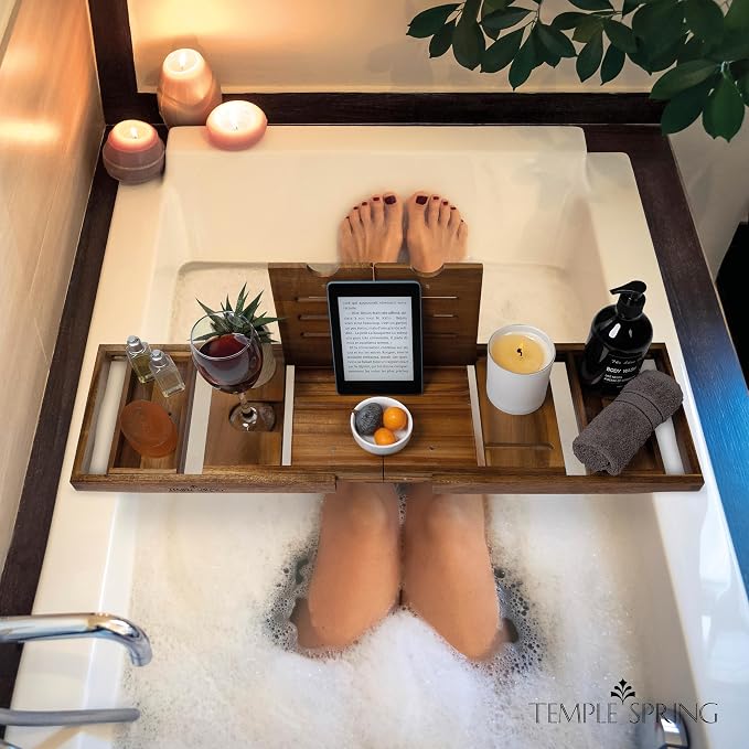 Temple Spring Foldable Bathtub Tray, Unique Design Selfcare Bathroom Caddy - Image 7