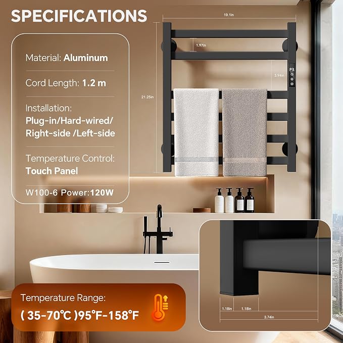 Electric Towel Warmer Wall Mounted, 6 Bar Heated Towel Rack - Image 5