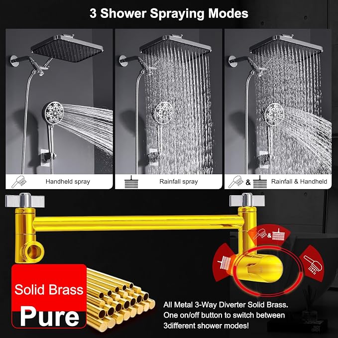 Dual shower Head with Handheld and Filter-14'' Rainfall ShowerHead, High - Image 2
