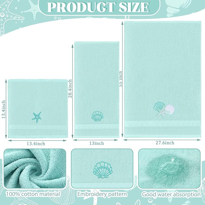 3 Pcs Coastal Seashell Bathroom Towel Set Farmhouse Embroidered Coastal - Image 2