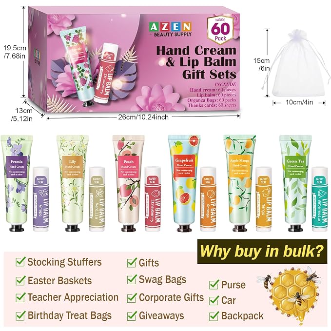 AZEN 60 Sets Bulk Gifts, Hand Cream and Lip Balm Bulk Set - Image 6