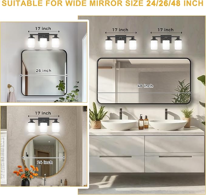 L LOHAS LED Black Bathroom Light Fixtures, 3-Light Vanity Light Over Mirror - Image 2