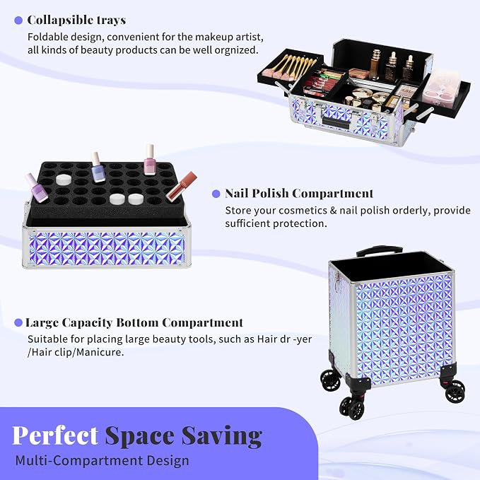 3 in 1 Rolling Makeup Train Case Professional Large Cosmetic Trolley - Image 6