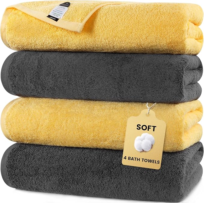 SEMAXE 4 Piece Yellow & Gray Bath Towel Set by SEMAXE