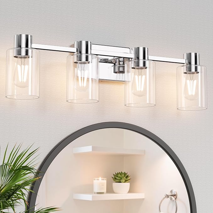 4-Light Modern Vanity Light Fixtures Over Mirror, Chrome Bathroom Light Fixtures by Esfos