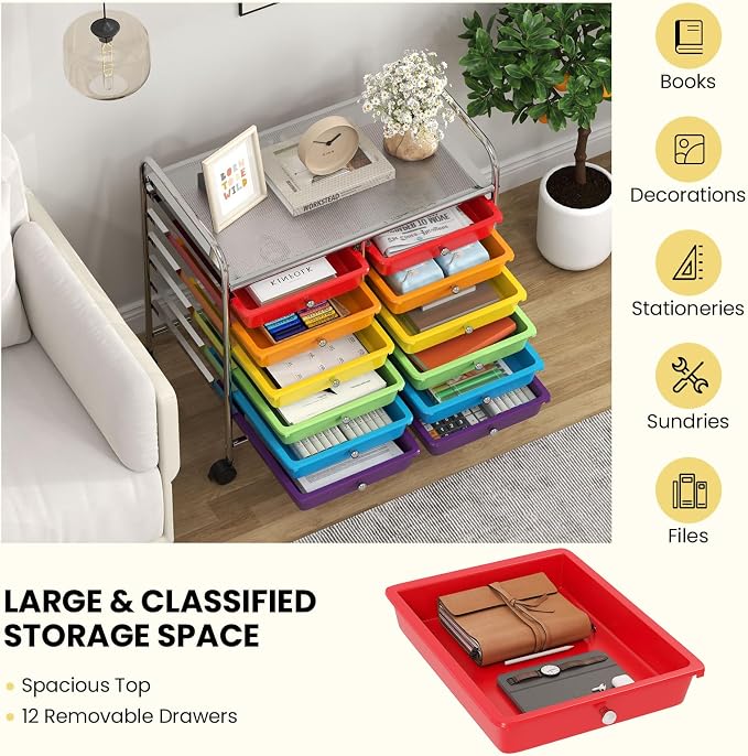 Giantex 12 Drawers Rolling Cart, Mobile Storage Drawer Cart, Classroom - Image 7