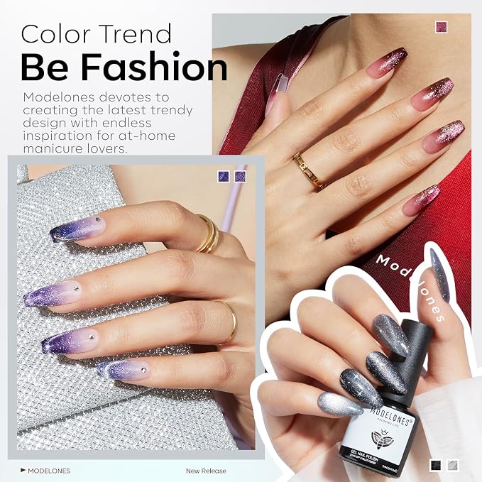 modelones Cat Eye Gel Nail Polish Set, 6 Colors Winter 9D Glassy Cat Eye - Image 3